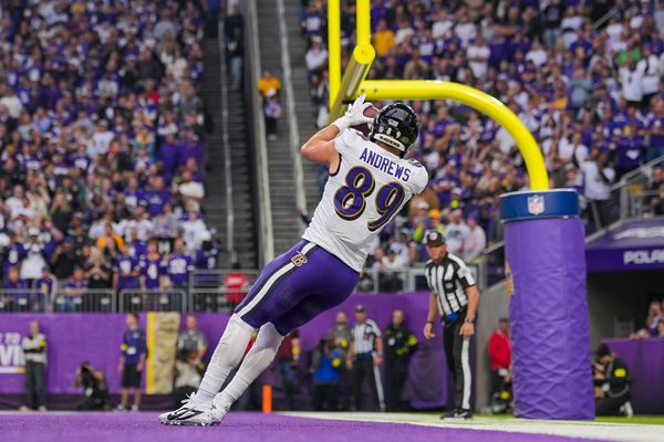 Nov 9, 2025; Minneapolis, Minnesota, USA; Baltimore Ravens tight end Mark Andrews (89) catches a pass for a touchdown against the Minnesota Vikings in the third quarter at U.S. Bank Stadium. Mandatory Credit: Brad Rempel-Imagn Images