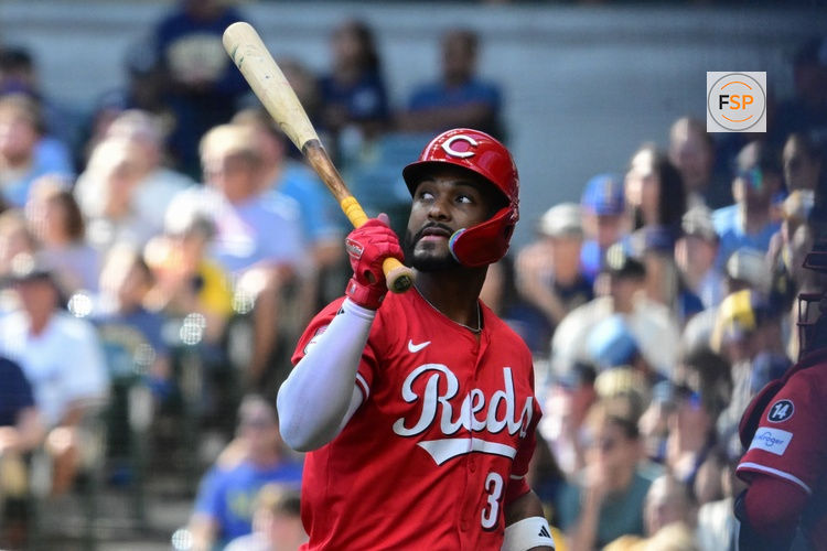 Sep 28, 2025; Milwaukee, Wisconsin, USA; Cincinnati Reds designated hitter Miguel Andujar (38) reacts after striking out in the first inning against the Milwaukee Brewers at American Family Field. Credit: Benny Sieu-Imagn Images