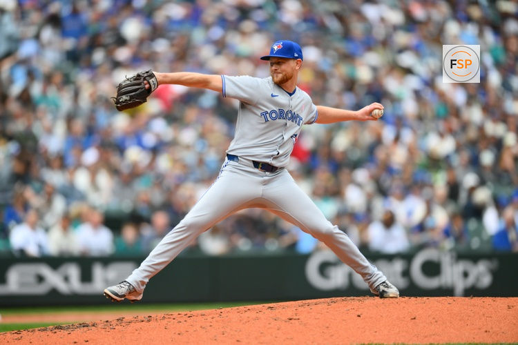 May 11, 2025; Seattle, Washington, USA; Toronto Blue Jays relief pitcher Eric Lauer (56) pitches to the Seattle Mariners during the third inning at T-Mobile Park. Credit: Steven Bisig-Imagn Images