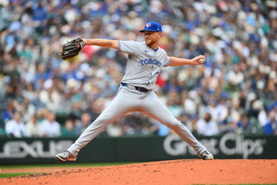 May 11, 2025; Seattle, Washington, USA; Toronto Blue Jays relief pitcher Eric Lauer (56) pitches to the Seattle Mariners during the third inning at T-Mobile Park. Mandatory Credit: Steven Bisig-Imagn Images