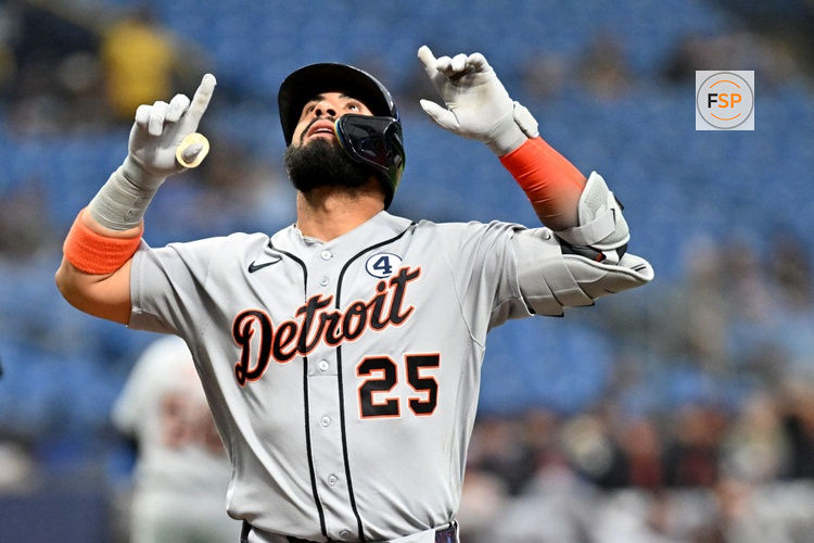 Jun 2, 2026; St. Petersburg, Florida, USA; Detroit Tigers second baseman Gleyber Torres (25) celebrates after hitting a solo home run in the first inning against the Tampa Bay Rays at Tropicana Field. Credit: Jonathan Dyer-Imagn Images