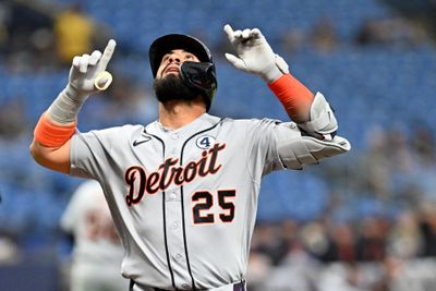 Jun 2, 2026; St. Petersburg, Florida, USA; Detroit Tigers second baseman Gleyber Torres (25) celebrates after hitting a solo home run in the first inning against the Tampa Bay Rays at Tropicana Field. Mandatory Credit: Jonathan Dyer-Imagn Images
