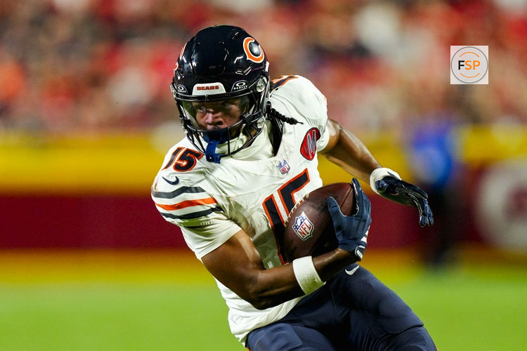 Aug 22, 2025; Kansas City, Missouri, USA; Chicago Bears wide receiver Rome Odunze (15) runs with the ball during the first half against the Kansas City Chiefs at GEHA Field at Arrowhead Stadium. Credit: Jay Biggerstaff-Imagn Images