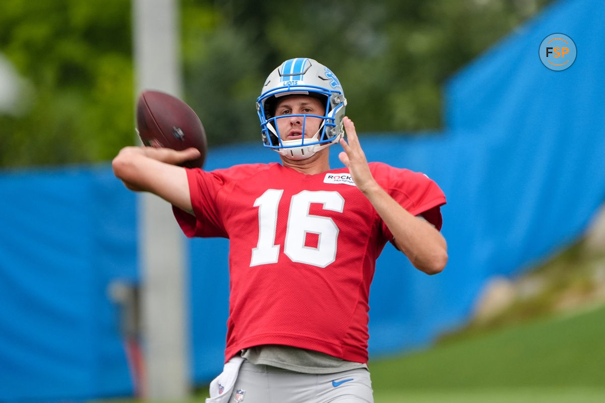 QB Jared Goff throws a pass during the Detroit Lions training camp at the Lions headquarters in Allen Park, Mich. on Friday, Aug 2, 2024. Kimberly P. Mitchell / USA TODAY NETWORK
