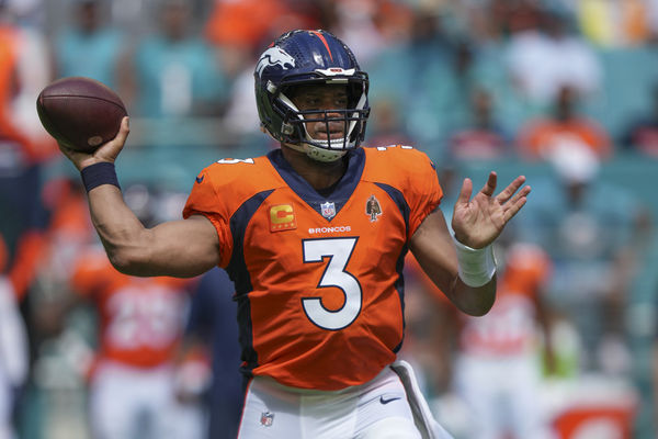 MIAMI GARDENS, FL - SEPTEMBER 24: Denver Broncos quarterback Russell Wilson (3) makes a pass attempt during the game between the Denver Broncos and the Miami Dolphins on Sunday, September 24, 2023 at Hard Rock Stadium, Miami, Fla. (Photo by Peter Joneleit/Icon Sportswire)