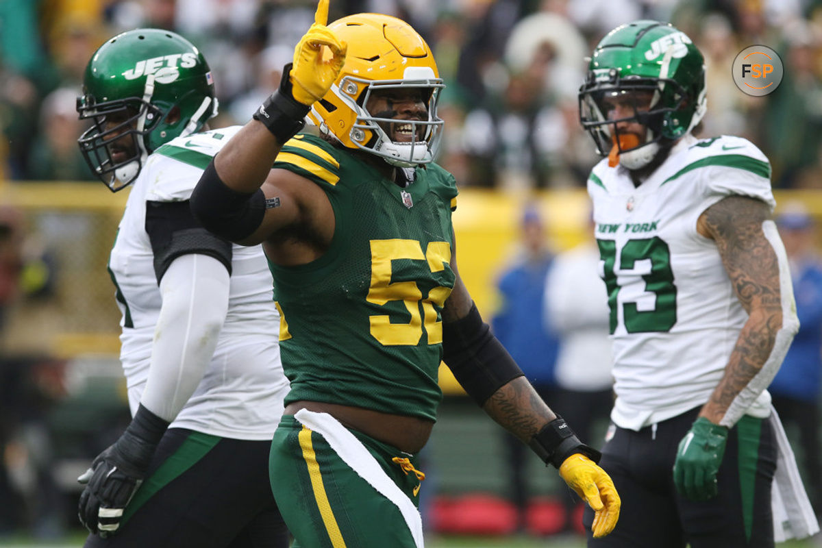 GREEN BAY, WI - OCTOBER 16: Green Bay Packers linebacker Rashan Gary (52) celebrates a sack during a game between the Green Bay Packers and the New York Jets at Lambeau Field on October 16, 2022 in Green Bay, WI. (Photo by Larry Radloff/Icon Sportswire)