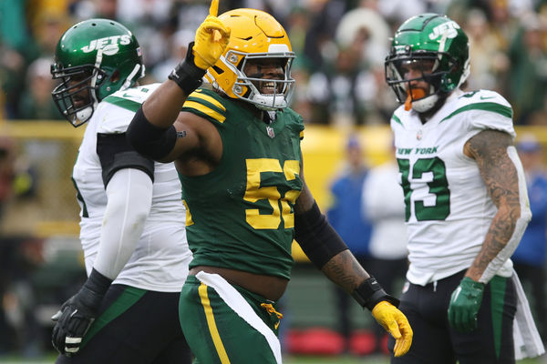 GREEN BAY, WI - OCTOBER 16: Green Bay Packers linebacker Rashan Gary (52) celebrates a sack during a game between the Green Bay Packers and the New York Jets at Lambeau Field on October 16, 2022 in Green Bay, WI. (Photo by Larry Radloff/Icon Sportswire)