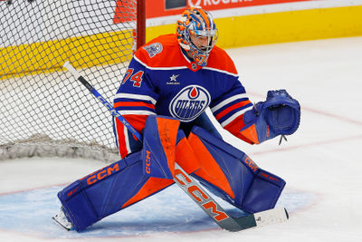 Oct 25, 2024; Edmonton, Alberta, CAN; Edmonton Oilers goaltender Stuart Skinner (74) makes a save during warmup against the Pittsburgh Penguins at Rogers Place. Mandatory Credit: Perry Nelson-Imagn Images