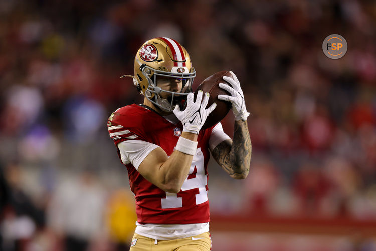 Dec 30, 2024; Santa Clara, California, USA; San Francisco 49ers wide receiver Ricky Pearsall (14) catches a pass during the second quarter against the Detroit Lions at Levi's Stadium. Credit: Sergio Estrada-Imagn Images