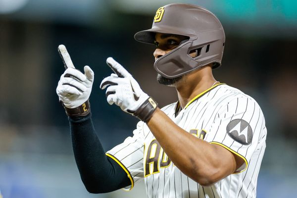 Apr 14, 2026; San Diego, California, USA; San Diego Padres shortstop Xander Bogaerts (2) celebrates after hitting a two-RBI single during the third inning against the Seattle Mariners at Petco Park. Mandatory Credit: David Frerker-Imagn Images