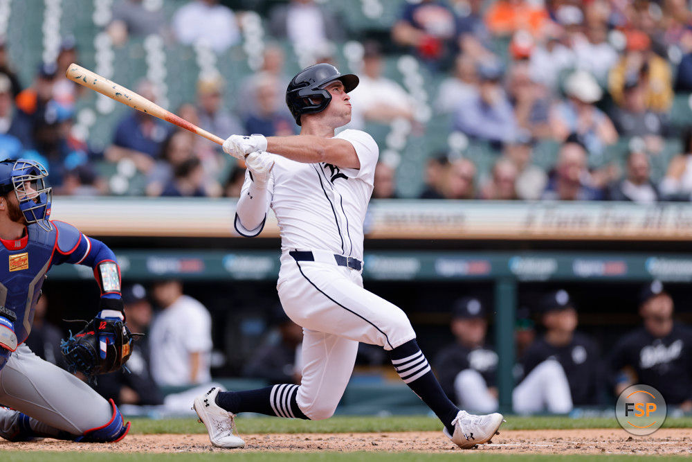 DETROIT, MI - APRIL 18: Detroit Tigers designated hitter Kerry Carpenter (30) hits a triple to center field to drive in two runs during an MLB game against the Texas Rangers on April 18, 2024 at Comerica Park in Detroit, Michigan. (Photo by Joe Robbins/Icon Sportswire)