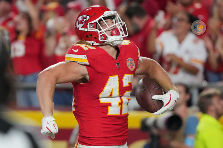 Aug 22, 2024; Kansas City, Missouri, USA; Kansas City Chiefs running back Carson Steele (42) celebrates after scoring against the Chicago Bears during the first half at GEHA Field at Arrowhead Stadium. Credit: Denny Medley-USA TODAY Sports