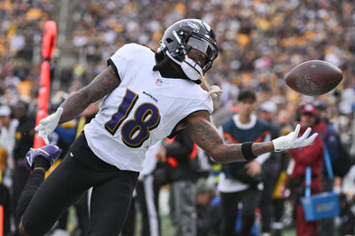 Nov 17, 2024; Pittsburgh, Pennsylvania, USA; Baltimore Ravens wide receiver Diontae Johnson (18) reaches for an incomplete pass against the Pittsburgh Steelers during the first quarter at Acrisure Stadium. Mandatory Credit: Barry Reeger-Imagn Images