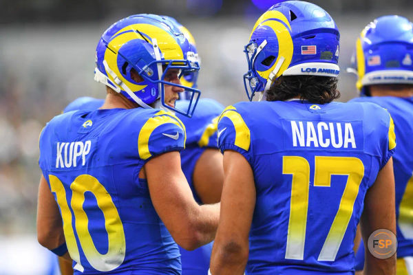 INGLEWOOD, CA - OCTOBER 08: Los Angeles Rams wide receiver Cooper Kupp (10) and Los Angeles Rams wide receiver Puka Nacua (17) look on during the NFL game between the Philadelphia Eagles and the Los Angeles Rams on October 8, 2023, at SoFi Stadium in Inglewood, CA. (Photo by Brian Rothmuller/Icon Sportswire)