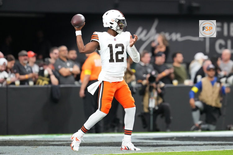 Nov 23, 2025; Paradise, Nevada, USA; Cleveland Browns quarterback Shedeur Sanders (12) warms up before the game against the Las Vegas Raiders at Allegiant Stadium. Credit: Stephen R. Sylvanie-Imagn Images