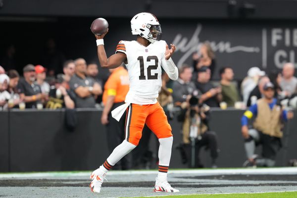 Nov 23, 2025; Paradise, Nevada, USA; Cleveland Browns quarterback Shedeur Sanders (12) warms up before the game against the Las Vegas Raiders at Allegiant Stadium. Mandatory Credit: Stephen R. Sylvanie-Imagn Images