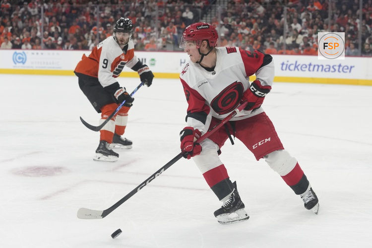May 9, 2026; Philadelphia, Pennsylvania, USA; Carolina Hurricanes right wing Jackson Blake (53) controls the puck  during the second period against Philadelphia Flyers in game four of the second round of the 2026 Stanely Cup Playoffs at Xfinity Mobile Arena. Credit: James Lang-Imagn Images