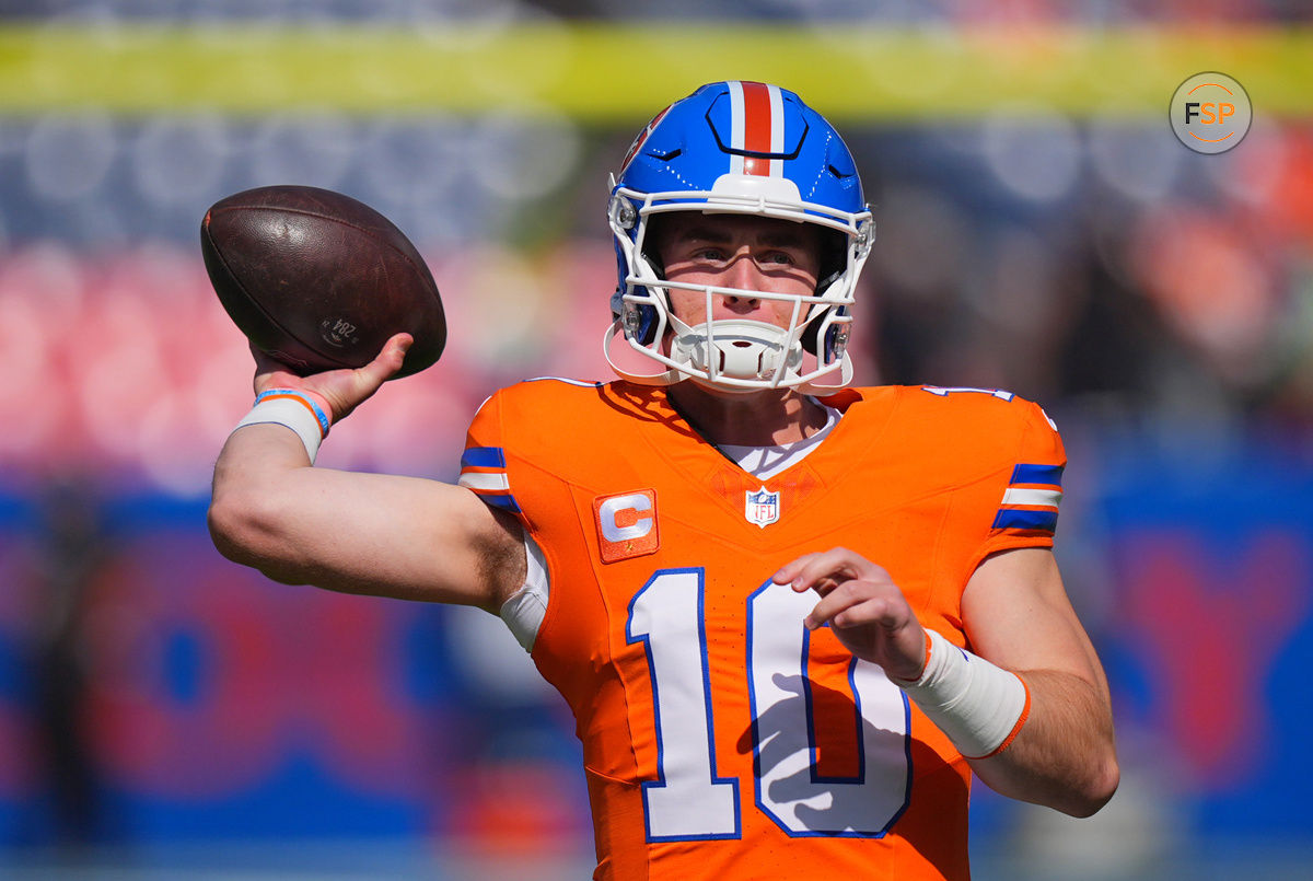 Oct 6, 2024; Denver, Colorado, USA; Denver Broncos quarterback Bo Nix (10) warms up before the game against the Las Vegas Raiders at Empower Field at Mile High. Credit: Ron Chenoy-Imagn Images