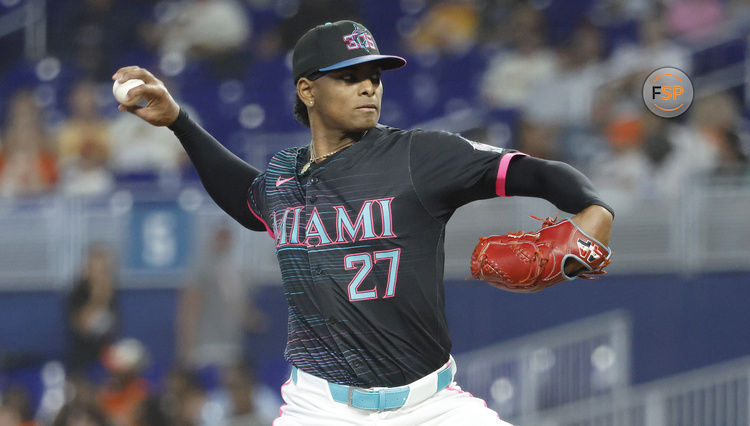 May 31, 2025; Miami, Florida, USA;  Miami Marlins starting pitcher Edward Cabrera (27) pitches against the San Francisco Giants during the first inning at loanDepot Park. Credit: Rhona Wise-Imagn Images