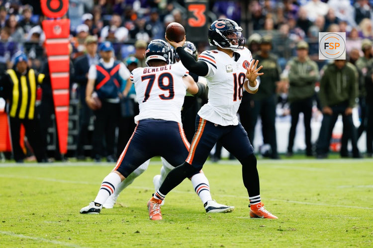 Oct 26, 2025; Baltimore, Maryland, USA;  Chicago Bears quarterback Caleb Williams (18) throws a pass during the third quarter against the Baltimore Ravens at M&T Bank Stadium. Credit: Geoff Burke-Imagn Images