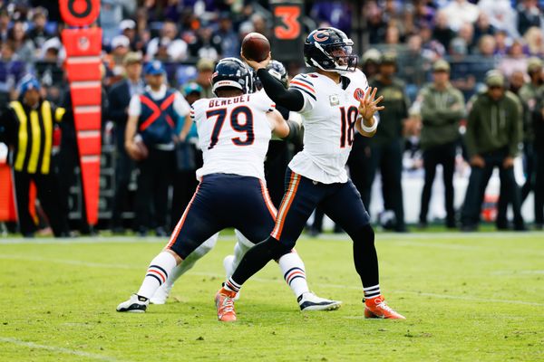 Oct 26, 2025; Baltimore, Maryland, USA;  Chicago Bears quarterback Caleb Williams (18) throws a pass during the third quarter against the Baltimore Ravens at M&T Bank Stadium. Mandatory Credit: Geoff Burke-Imagn Images