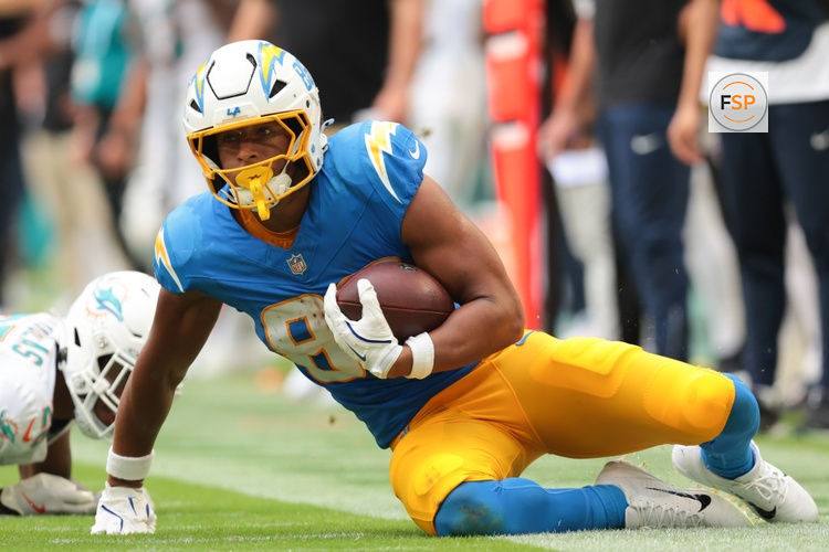 Oct 12, 2025; Miami Gardens, Florida, USA; Los Angeles Chargers tight end Oronde Gadsden II (86) looks on after carrying the football against the Miami Dolphins during the third quarter at Hard Rock Stadium. Credit: Sam Navarro-Imagn Images