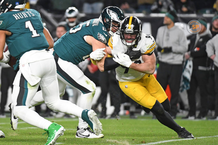 Dec 15, 2024; Philadelphia, Pennsylvania, USA; Philadelphia Eagles offensive tackle Lane Johnson (65) battles with Pittsburgh Steelers linebacker T.J. Watt (90) during the second quarter at Lincoln Financial Field. Credit: Eric Hartline-Imagn Images