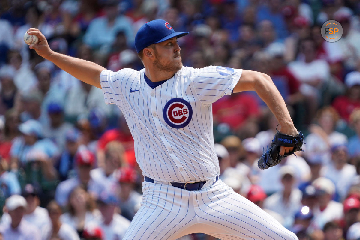 Aug 3, 2024; Chicago, Illinois, USA; Chicago Cubs pitcher Jameson Taillon (50) throws the ball against the St. Louis Cardinals during the first inning at Wrigley Field. Credit: David Banks-USA TODAY Sports