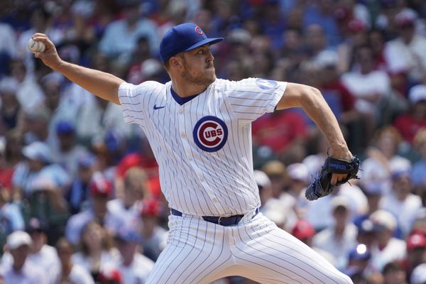Aug 3, 2024; Chicago, Illinois, USA; Chicago Cubs pitcher Jameson Taillon (50) throws the ball against the St. Louis Cardinals during the first inning at Wrigley Field. Mandatory Credit: David Banks-USA TODAY Sports