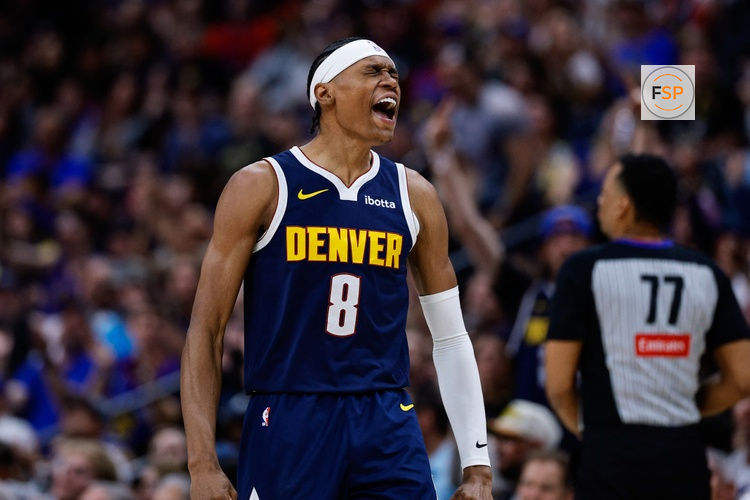 Mar 25, 2026; Denver, Colorado, USA; Denver Nuggets guard Peyton Watson (8) reacts after a play in the fourth quarter against the Dallas Mavericks at Ball Arena. Credit: Isaiah J. Downing-Imagn Images