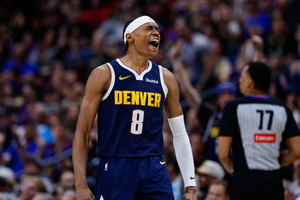 Mar 25, 2026; Denver, Colorado, USA; Denver Nuggets guard Peyton Watson (8) reacts after a play in the fourth quarter against the Dallas Mavericks at Ball Arena. Mandatory Credit: Isaiah J. Downing-Imagn Images