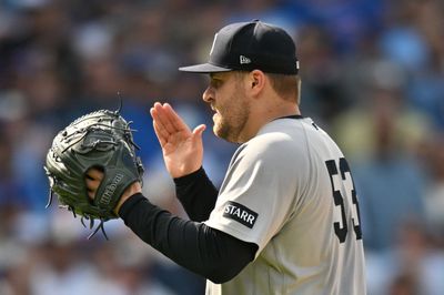 Aug 2, 2026; Chicago, Illinois, USA; New York Yankees pitcher David Bednar (53) celebrates after defeating the Chicago Cubs at Wrigley Field. Mandatory Credit: Patrick Gorski-Imagn Images