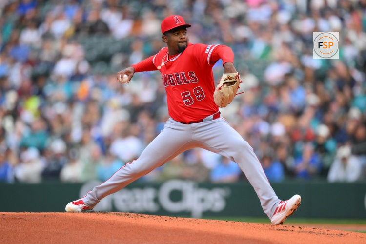 Jun 30, 2026; Seattle, Washington, USA; Los Angeles Angels starting pitcher Jose Soriano (59) pitches to the Seattle Mariners during the first inning at T-Mobile Park. Credit: Steven Bisig-Imagn Images