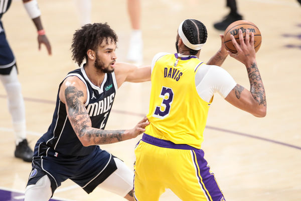 LOS ANGELES, CA - JANUARY 17: Dallas Mavericks center Dereck Lively II (2) guarding Los Angeles Lakers forward Anthony Davis (3) during the NBA game between the Dallas Mavericks and Los Angeles Lakers on January 17. 2024, at Crypto.com Arena in Los Angeles, CA.  (Photo by Jevone Moore/Icon Sportswire)