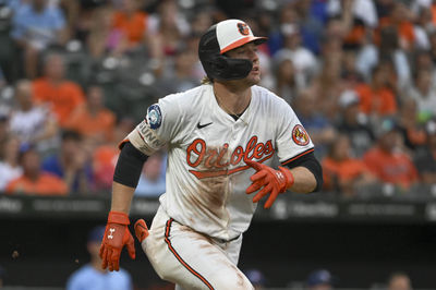 Jul 30, 2024; Baltimore, Maryland, USA; Baltimore Orioles shortstop Gunnar Henderson (2) runs out a single against the Toronto Blue Jays in the third inning  at Oriole Park at Camden Yards. Mandatory Credit: Tommy Gilligan-USA TODAY Sports