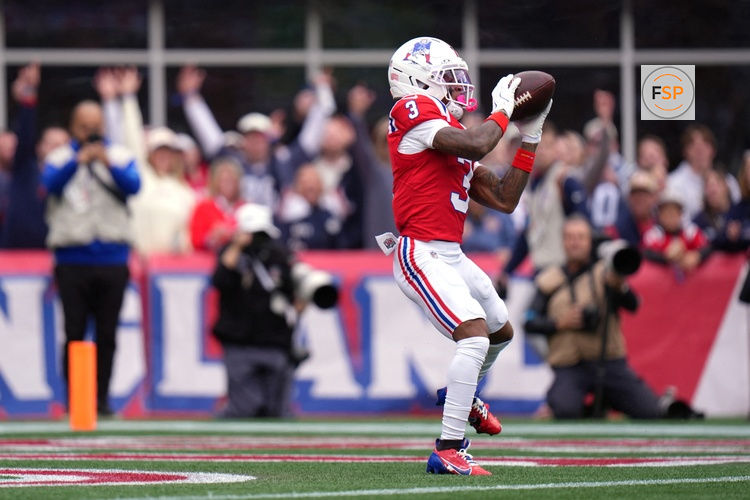 Oct 11, 2026; Foxborough, Massachusetts, USA;  New England Patriots wide receiver DeMario Douglas (3) catches a thirty-five-yard touchdown pass from quarterback Drake Maye (not pictured) against the Las Vegas Raiders during the first quarter at Gillette Stadium.  Credit: David Butler II-Imagn Images
