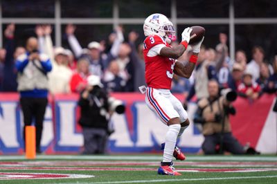 Oct 11, 2026; Foxborough, Massachusetts, USA;  New England Patriots wide receiver DeMario Douglas (3) catches a thirty-five-yard touchdown pass from quarterback Drake Maye (not pictured) against the Las Vegas Raiders during the first quarter at Gillette Stadium.  Mandatory Credit: David Butler II-Imagn Images