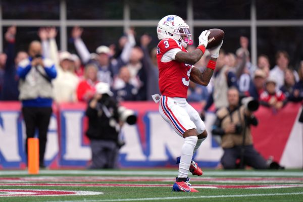 Oct 11, 2026; Foxborough, Massachusetts, USA;  New England Patriots wide receiver DeMario Douglas (3) catches a thirty-five-yard touchdown pass from quarterback Drake Maye (not pictured) against the Las Vegas Raiders during the first quarter at Gillette Stadium.  Mandatory Credit: David Butler II-Imagn Images