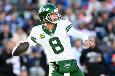 Oct 27, 2024; Foxborough, Massachusetts, USA; New York Jets quarterback Aaron Rodgers (8) looks to pass against the New England Patriots during the second half at Gillette Stadium. Mandatory Credit: Brian Fluharty-Imagn Images