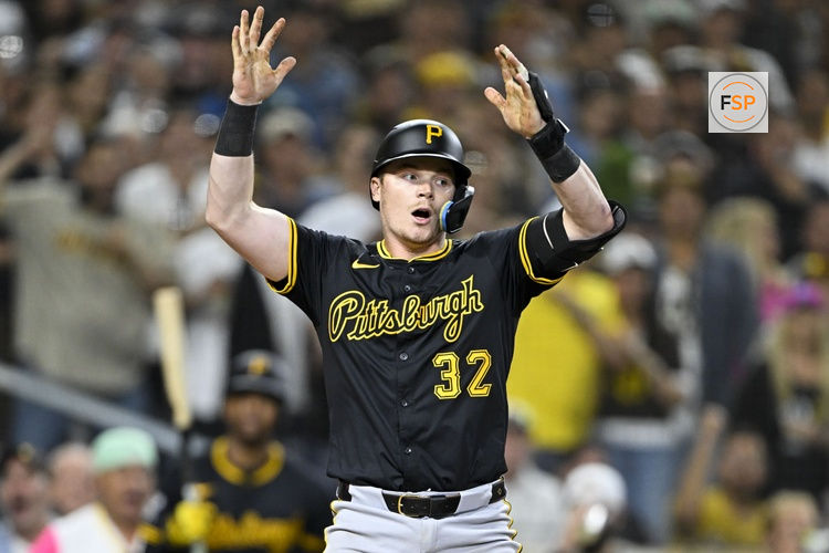 May 30, 2025; San Diego, California, USA; Pittsburgh Pirates catcher Henry Davis (32) reacts after a called strike out during the eighth inning against the San Diego Padres at Petco Park. Credit: Denis Poroy-Imagn Images