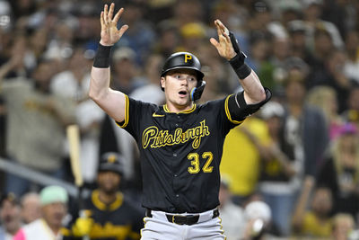 May 30, 2025; San Diego, California, USA; Pittsburgh Pirates catcher Henry Davis (32) reacts after a called strike out during the eighth inning against the San Diego Padres at Petco Park. Mandatory Credit: Denis Poroy-Imagn Images