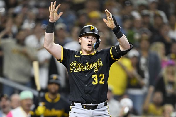 May 30, 2025; San Diego, California, USA; Pittsburgh Pirates catcher Henry Davis (32) reacts after a called strike out during the eighth inning against the San Diego Padres at Petco Park. Mandatory Credit: Denis Poroy-Imagn Images