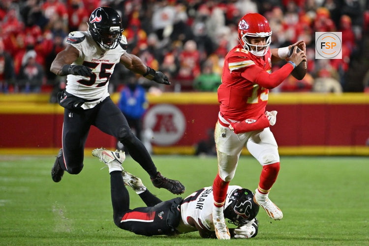 Dec 7, 2025; Kansas City, Missouri, USA; Kansas City Chiefs quarterback Patrick Mahomes (15) runs with the ball past Houston Texans linebacker Azeez Al-Shaair (0) during the third quarter at GEHA Field at Arrowhead Stadium. Credit: Amy Kontras-Imagn Images