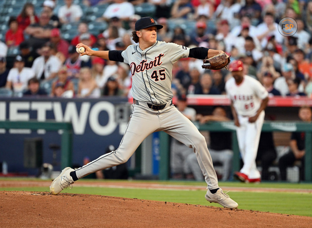 ANAHEIM, CA - JUNE 29: Detroit Tigers pitcher Reese Olson (45) pitching during an MLB baseball game against the Los Angeles Angels played on June 29, 2024 at Angel Stadium in Anaheim, CA. (Photo by John Cordes/Icon Sportswire)