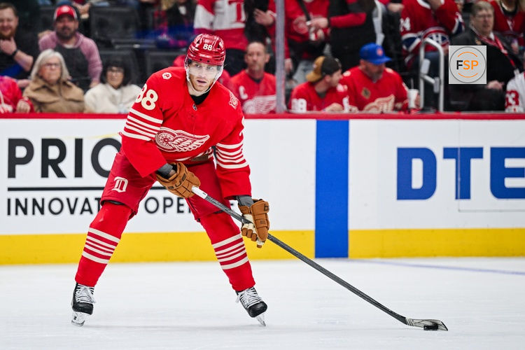 Mar 19, 2026; Detroit, Michigan, USA; Detroit Red Wings right wing Patrick Kane (88) during the second period against the Montreal Canadiens at Little Caesars Arena. Credit: Tim Fuller-Imagn Images