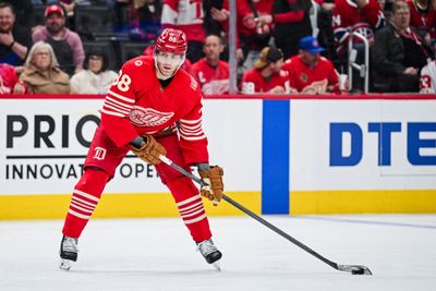 Mar 19, 2026; Detroit, Michigan, USA; Detroit Red Wings right wing Patrick Kane (88) during the second period against the Montreal Canadiens at Little Caesars Arena. Mandatory Credit: Tim Fuller-Imagn Images