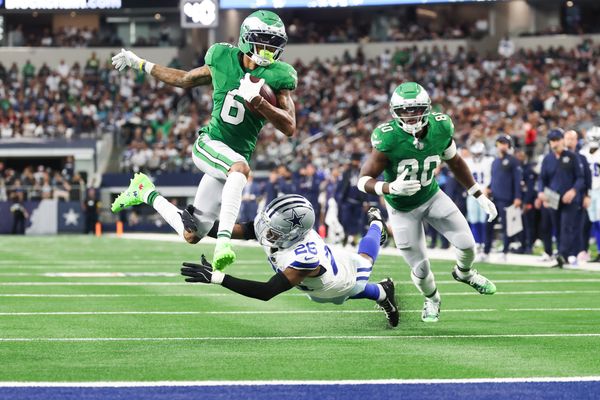 Nov 23, 2025; Arlington, Texas, USA; Philadelphia Eagles wide receiver Devonta Smith (6) leaps for the end zone in the first half against the Dallas Cowboys at AT&T Stadium. Mandatory Credit: Kevin Jairaj-Imagn Images