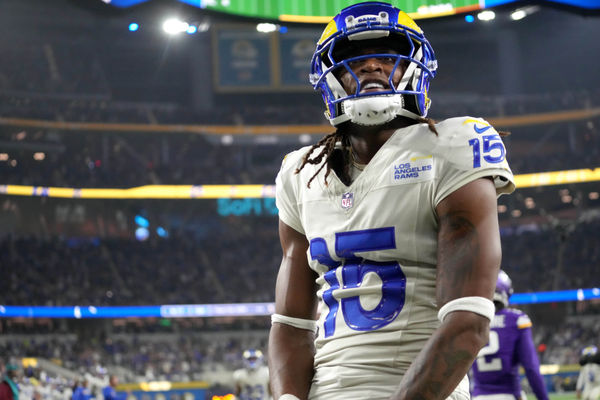 Oct 24, 2024; Inglewood, California, USA; Los Angeles Rams wide receiver Demarcus Robinson (15) celebrates after catching a 10-yard touchdown pass against the Minnesota Vikings in the second half at SoFi Stadium. Mandatory Credit: Kirby Lee-Imagn Images