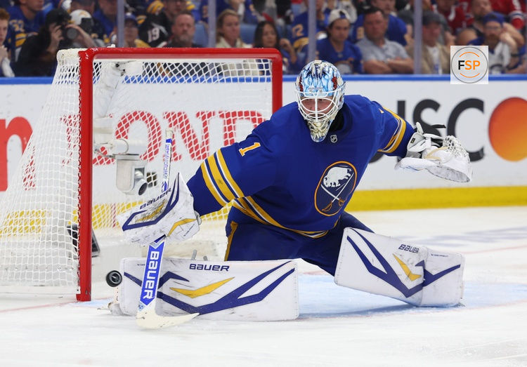 May 18, 2026; Buffalo, New York, USA; Buffalo Sabres goaltender Ukko-Pekka Luukkonen (1) makes a save during the third period against the Montréal Canadiens in game seven of the second round of the 2026 Stanley Cup Playoffs at KeyBank Center. Credit: Timothy T. Ludwig-Imagn Images