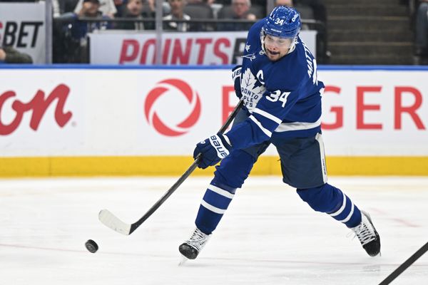 Mar 7, 2026; Toronto, Ontario, CAN;  Toronto Maple Leafs forward Auston Matthews (34) shoots the puck against the Tampa Bay Lightning in the third period at Scotiabank Arena. Mandatory Credit: Dan Hamilton-Imagn Images